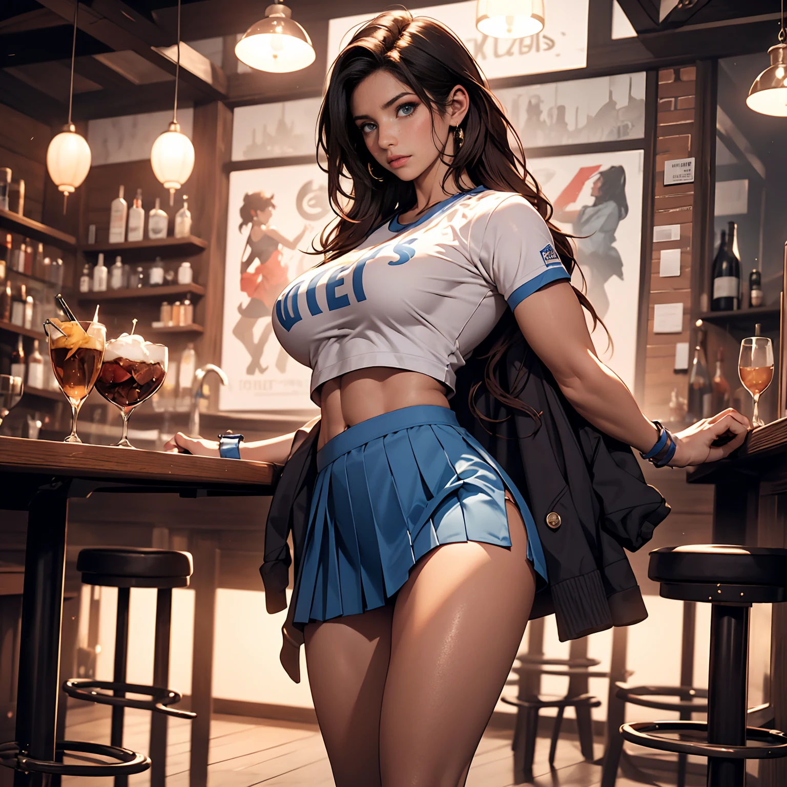 1 woman, Pretty Caucasian (female), Sarah Shahi, a slim but muscular body, huge breasts, dark brown messy hair, blue eyes, , hooters uniform {white crop top with Hooters logo. exposing bottom , sexy pleated short skirt, white ankle socks, white sneakers}, in a porno bar, extremely detailed, 8k, photorealistic, cinematic lighting, vivid colors, intricate details, ambient occlusion, depth of field, cinematic composition, dramatic lighting, moody atmosphere, sensual and alluring, high quality, masterpiece expoesed thighs, ponytail hair, dancing,