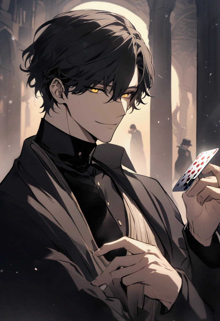 handsome male, short hair, black hair, yellow eyes, black shirt, black trousers, long white robe, holding a card in one hand , expression relaxing , magician , falling card , cold smile