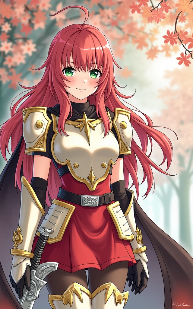 Make it anime-style, Human Skyler is a beautiful girl with long straight hair., of a vibrant red hue, that have slightly wavy locks, providing it with volume. Her bangs are wavy and slightly disheveled., partially covering your forehead and part of your eyebrows.
Your face radiates happiness, with a bright smile illuminating her delicate, fine features, highlighted by freckles on the cheeks and a straight nose. Her big, bright eyes are green, standing out like precious gems. Thin eyebrows add intensity to your look.
Skyler is wearing a short, tight dress, strapless and with a straight neckline, in a scarlet tone that highlights your beautiful curves, while the skirt falls elegantly to mid-thigh.
Skyler wears a compact off-white metal breastplate that covers only her bust., with thick golden edges, leaving the shoulders and part of the abdomen unprotected. In the center of the chest, there is a small gold cross with slightly flared arms and tips that resemble arrows.
in the arms, long dark silk gloves extend past the elbows, each glove is equipped with a rectangular metal plate integrated into the back of the hands. On the forearms, whitish metal guards extend, integrating with the elbow pads, both decorated with golden flames on their surface.
Fitted to the waist, is a black leather belt with a gold buckle, where a long sword is sheathed. She wears black silk stockings that cover her legs above the knees.. The leg guards are white steel with gold flame details., covering the lower legs. Your boots are high, reaching below the knees, with integrated shin guards and robust triangular-shaped knee pads.
Over the shoulders, Skyler wears a long black cape with red lining, held by a silver griffin brooch, that flows elegantly along your back.