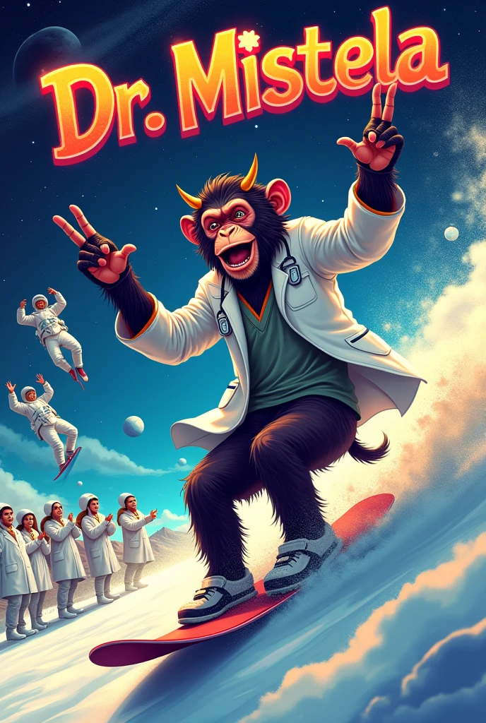 "A vibrant and surreal album cover titled 'Dr. Mistela,' featuring a chimpanzee in a white doctor's coat joyfully snowboarding through the vastness of space. The chimpanzee, with a determined and playful expression, is making the classic rock 'n' roll hand gesture, with its fingers forming the 'devil horns' as it carves through a trail of cosmic dust. Surrounding it are astronauts and doctors floating in zero gravity, enthusiastically cheering and waving as they encourage the chimp's ride. The background showcases a mesmerizing expanse of deep space, filled with stars, nebulae, and distant planets, all bathed in vibrant colors. The album title 'Dr. Mistela' is prominently displayed at the top in bold, rock-and-roll-inspired typography, adding an edgy and dynamic touch to the cover. The overall design perfectly blends elements of adventure, fun, and rock energy, making it an exciting and eye-catching album cover."