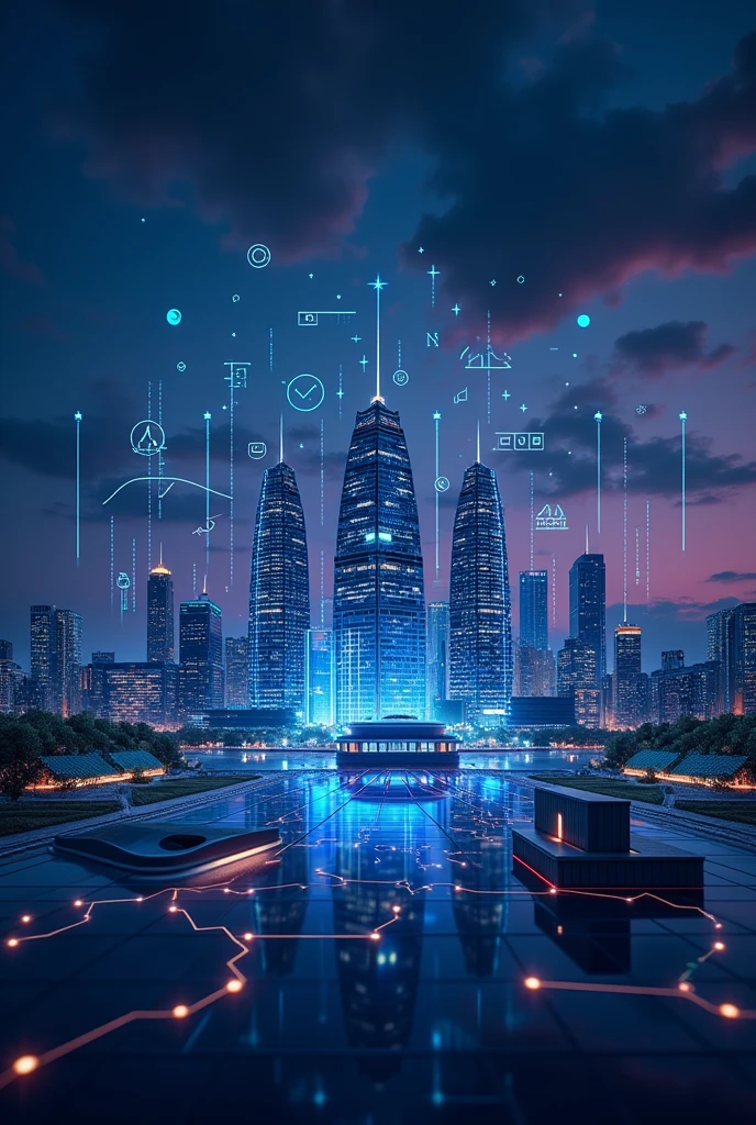 Create a realistic 4K image with high resolution as if it were a photo that conveys a professional and trustworthy environment, with a color palette predominantly dark blue and purple. The scene should represent a page of investments and innovation in technology, highlighting sectors such as real estate, energy and agriculture. Include elements such as financial charts, technology icons, and visual representations of the mentioned sectors (as buildings for real estate, turbines and solar panels for energy, and agricultural fields for agro). The image must have a sophisticated and modern design, emphasizing trust and professionalism.