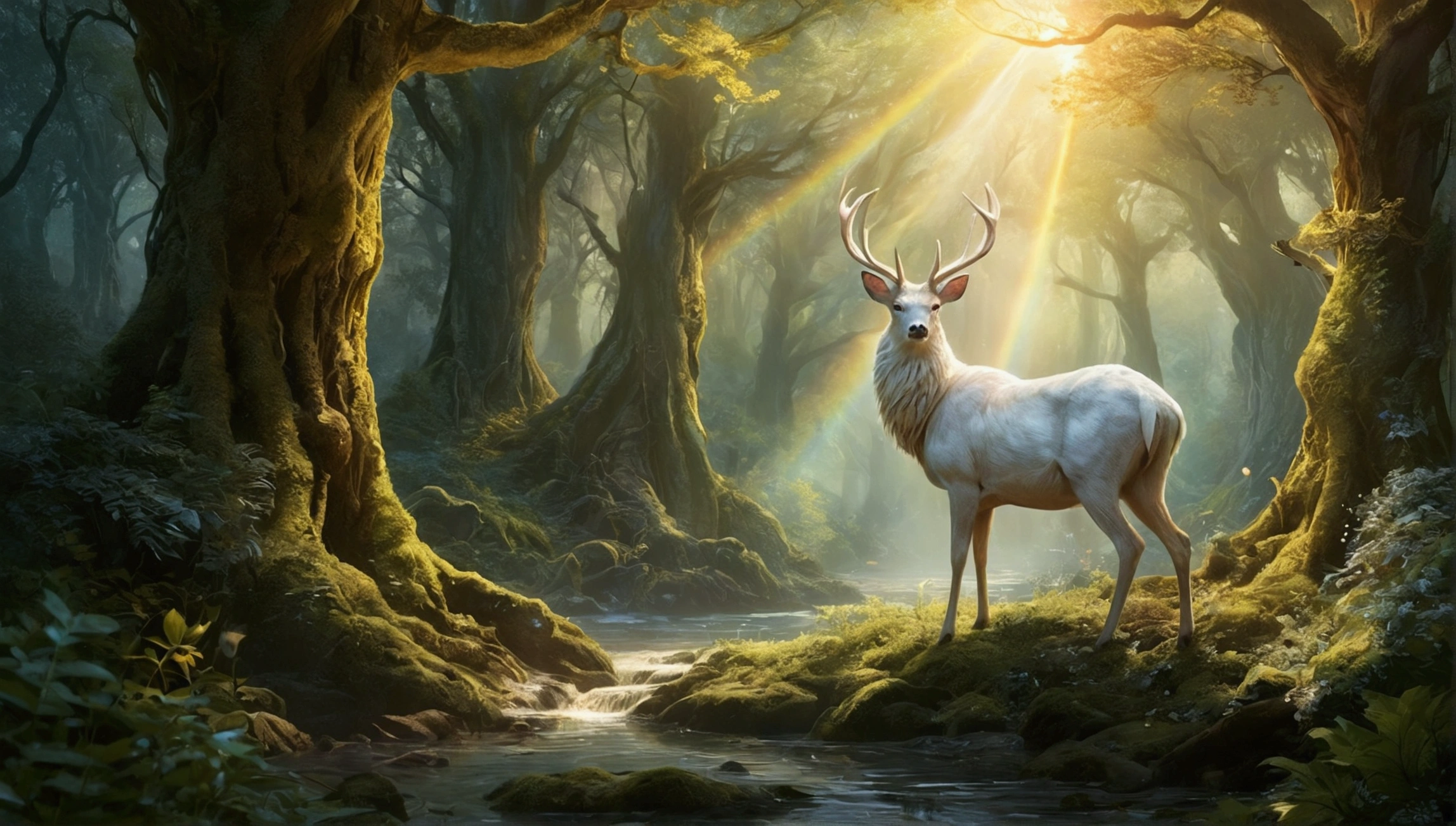 A beautiful animal, albino deer, enchantingly elusive humanoid faun, white fur, every aspect exudes magic in the midst of danger: shimmering rainbow fur, ethereal golden horn, and eyes that seem to hold the secrets of the universe. The mystical creature is surrounded by a lush, enchanted forest, bathed in the soft light of the setting sun, creating a dreamlike atmosphere that transports viewers to a realm of fantasy and wonder. This breathtaking image is a digital painting that captures the essence of the mythical creature with stunning detail and masterful technique, making it a truly mesmerizing work of art, 32K UHD, Style Raw