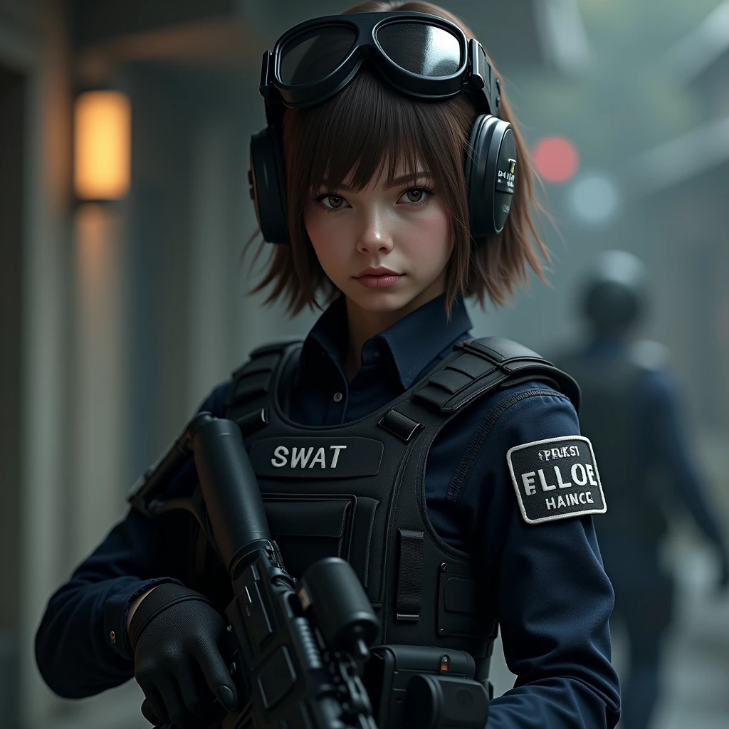 Girl, Swat officer, Dark navy uniform, thick black bullet vest, black helmet, tactical goggles, gloves, short brown bangs, brown eyes, pretty, long sleeves, thick swat pants, Video Game