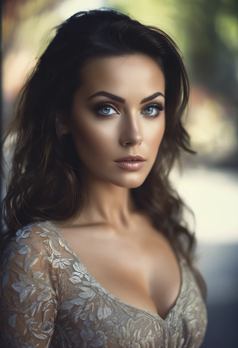 An amazing portrait of a beautiful brunette woman in dark dress, dark brown eyes, dark hair, straight hair, ponytail, great facial feature, perfect eyes, ultra realistic eyes, perfect face, perfect body, cinematic, color analog film photo, intimate posing, realistic hair, ((Perfect Face)), ((Sexy Face)), full shot of a sexy beautiful girl, Photograph, photorealistic, Evocative Pose, ((cute)), sexy pose, (Looking at Viewer), artgerm, cinematic lighting, very high detailed, foggy background, shot on Fujifilm Superia 400, Short Light, 32k, cinematic composition, professional color grading, film grain, atmosphere, wondrous, very stormy . faded film, desaturated, 35mm photo, grainy, vignette, vintage, Kodachrome, Lomography, stained, highly detailed, found footage , film grain, photography, photoshoot, cinematic lighting, volumetric lighting, insanely detailed, hot, sexy, very seductive, super model, (photorealistic:1.3), (highest quality:1.3), (film grain:1.3), ( world's best photography:1.3), (professional Photo:1.3), (detailed details:1.3), (cinematic light:1.3), ( cinematic color:1.3), maximum depth of field, film photography, ( intricate details:1), (hyperdetailed:1), (((SFW))), ((forward facing)), natural breasts, sexy clothes, beautiful lips, light skin
