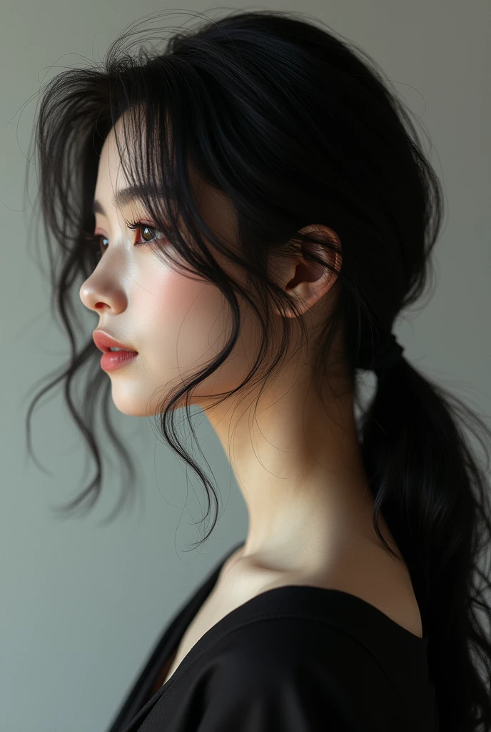 profile face of a beautiful Asian woman 2 with black clothes loose hair