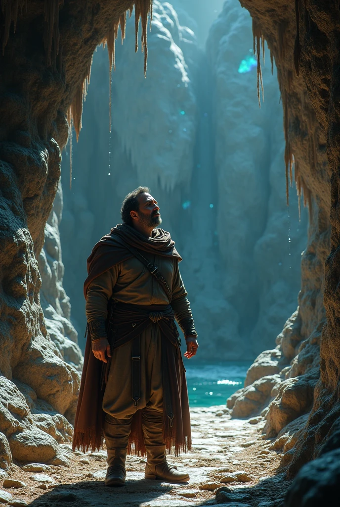 (photorealism:1.2), medieval man going into a cave surprised with gems attached to the walls of the cave