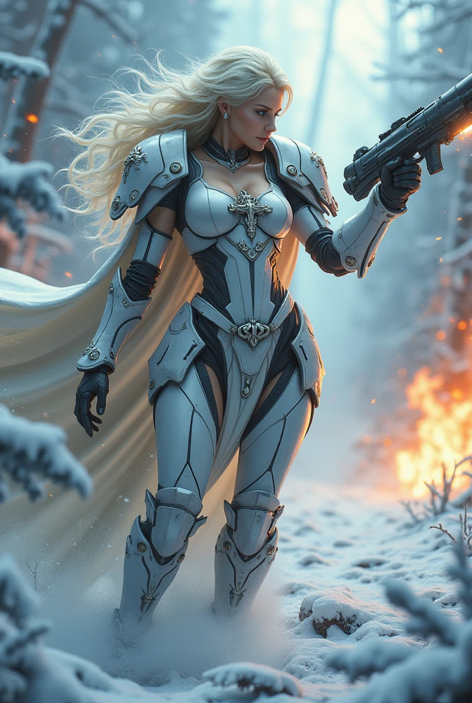a beautiful woman with long platinum blonde hair, porcelain skin, ice blue eyes, sexy sisters of battle from the warhammer 40k, shooting at the enemy, rwhite space marine armor with intricate details, religous symbols on the armor, sisters of battle, warhammer 40k, Massive silicone breast, pale skin, seductive, temptation, eat your soul, clevage, , standing in a magical winter wonderland with snow-covered trees and frozen lakes, intricate ice crystals and snowflakes surrounding her, (best quality,4k,8k,highres,masterpiece:1.2),ultra-detailed,(realistic,photorealistic,photo-realistic:1.37),fantasy,digital art,cinematic lighting, highly detailed armor, intricate futuristic weaponry, gritty and realistic, mecha, science fiction, hyper-detailed, photorealistic, award winning digital art, 8k, HDR, masters work, in the middle of a battle field, full body combat action pose, explosions and fire around, full war, stunning, Stilleto heels, high heels, full body pose, cinematic, dust and debree, combat screams, attacking, shooting at the enemy, sisters of battle, warhammer 40kdramatic color palette,frozen landscape,ice powers,snow queen