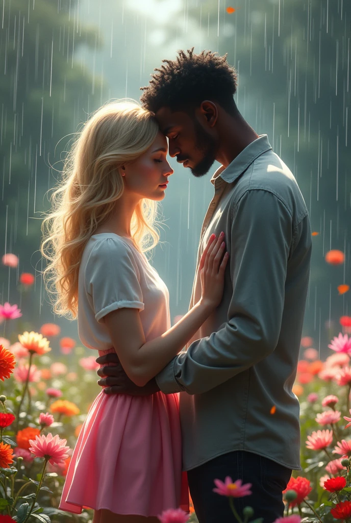couple, Blonde woman in a short pink skirt and a white blouse in the middle of a flower garden doing , black man in the rain