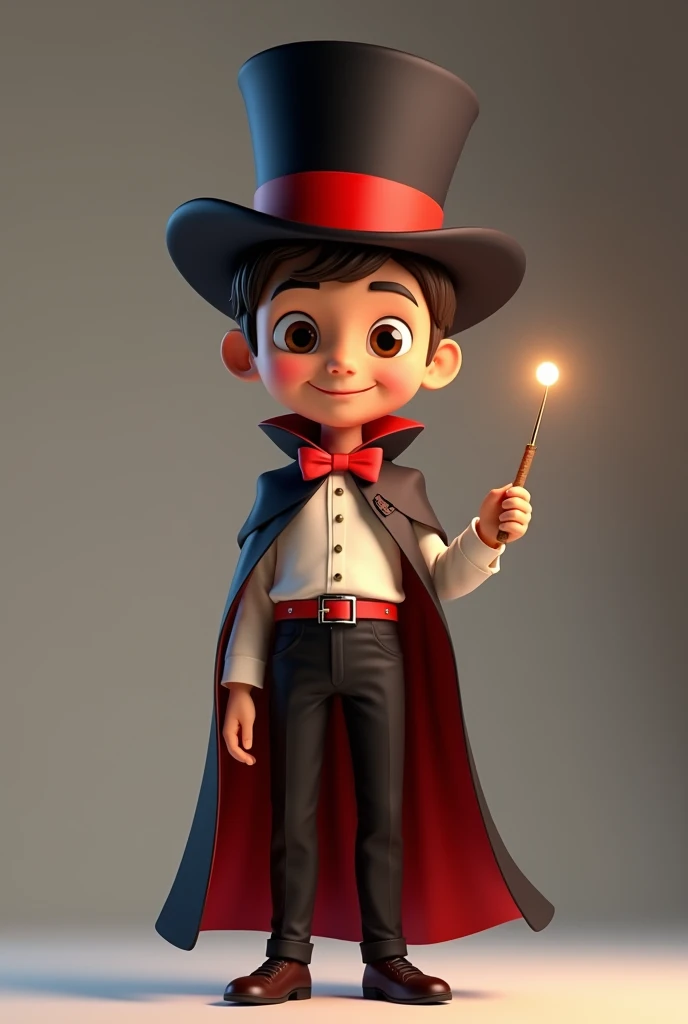 (boy with asymmetrical face, eyes and brown hair), he is dressed as a magician with: black pants, red bow tie, black cape, white shirt with a red band on his stomach, black magician's top hat on his head with a red band (smiling and with a magic wand in hand), developer, facing us, 3d rendering, pixar style, (detailed digital art), stylized 3d rendering, c4d, (full height), high quality, composition, masterpiece, art station, background solid