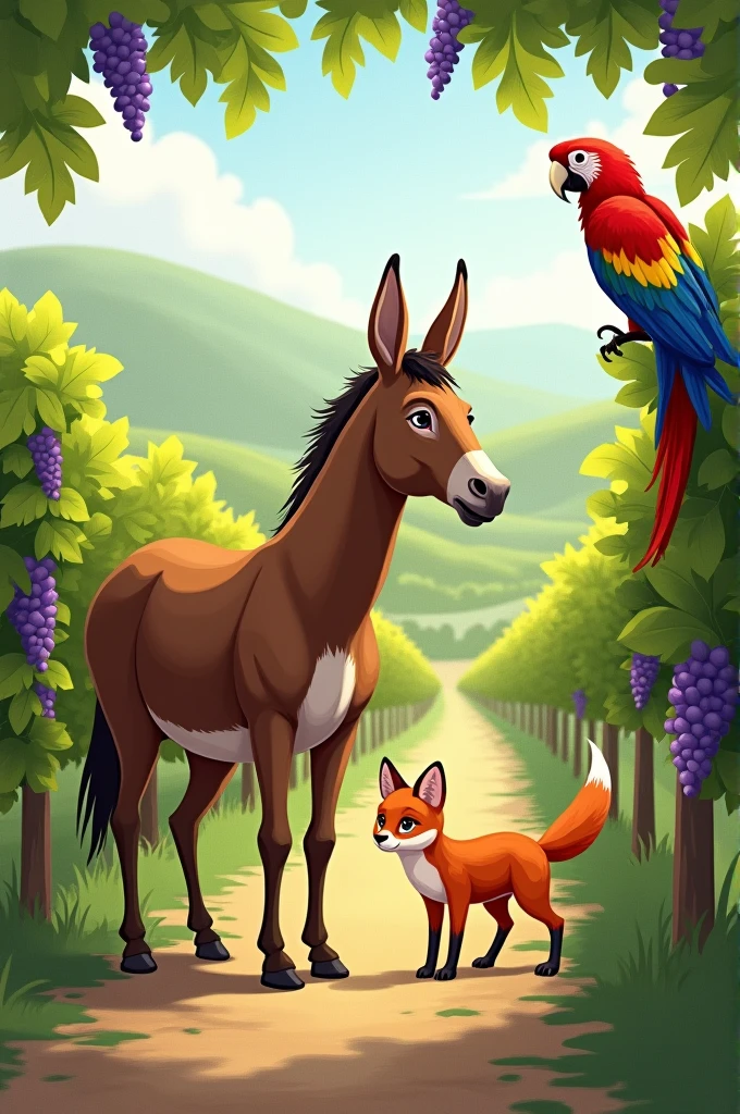 Create an illustration of a donkey, a macaw and a fox in a vineyard