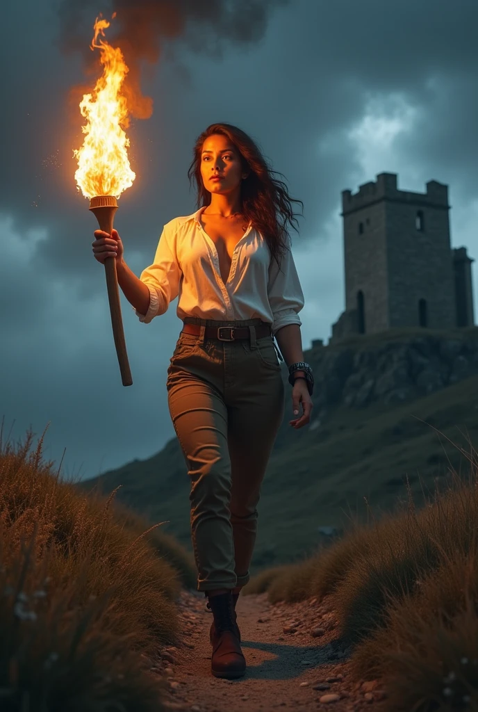 Buxom 2 British girl holding a flaming torch she is standing on a hill lighting her way towards an old castle ruin up on a hill she is wearing a flowing white cotton blouse with cleavage wearing tight khaki pants, she is standing in a power pose holding an electric torch, there is a ruin of a castle high up on a hill and there is a storm brewing in the background it is night time.