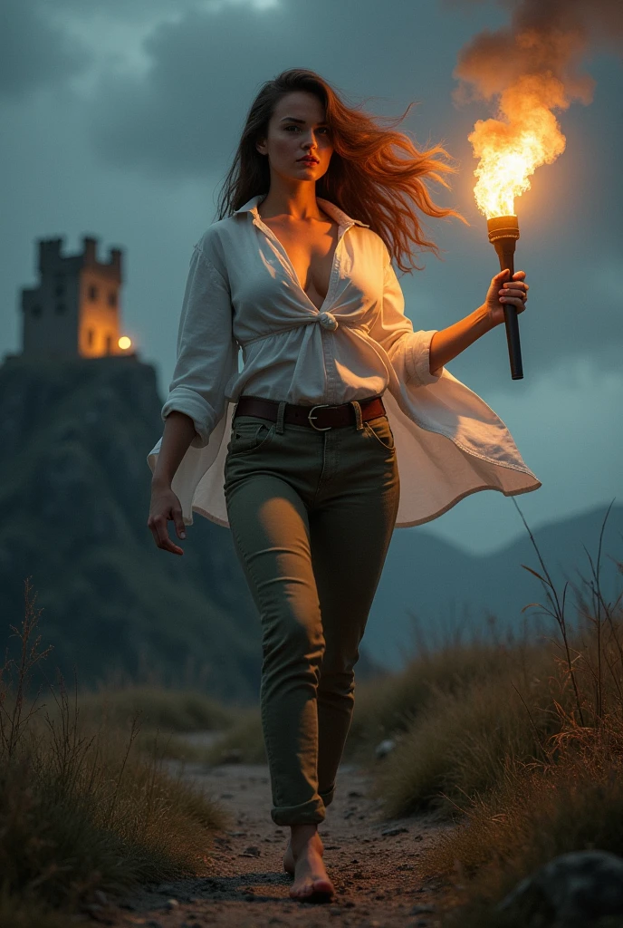 Buxom 2 British girl holding a flaming torch she is standing on a hill lighting her way towards an old castle ruin up on a hill she is wearing a flowing white cotton blouse with cleavage wearing tight khaki pants, she is standing in a power pose holding an electric torch, there is a ruin of a castle high up on a hill and there is a storm brewing in the background it is night time.