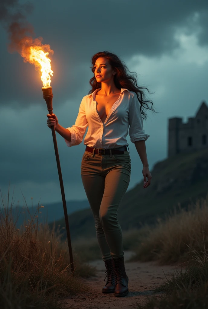 Buxom 2 British girl holding a flaming torch she is standing on a hill lighting her way towards an old castle ruin up on a hill she is wearing a flowing white cotton blouse with wearing tight khaki pants, she is standing in a power pose holding an electric torch, there is a ruin of a castle high up on a hill and there is a storm brewing in the background it is night time.