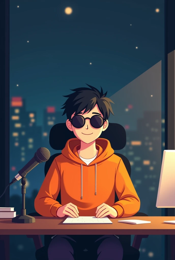 ANIME FRIENDLY LOOKING MALE BUSINESS CHARACTER, A ORANGE HOODIE AND SUNGLASSES. HE IS SITTING BEHIND HIS LAPTOP IN HIS OFFICE, ARMS ON HIS DESK. IT IS NIGHT. THE ROOM HAS VOLUMETRIC
LIGHTING. HE IS FRONT FACING TO THE CAMERA, LOOKING STRAICHT AND CENTERED, CENTRAL PORTRAIT, SITTING STRAIGHT, FRONT VIEW, CENTERED LOOKING STRAIGHT. THE OVERALL AMBIANCE OF THE IMAGE SHOULD CONVEY A CONNECTION TO MINIMALISM, FLAT ILLUSTRATION, BOLD LINE, MINIMALISM, SIMPLIFIED, GOUACHE ILLUSTRATION. 8K RESOLUTION con el fondo llamativo del cuarto y un crofono al costado