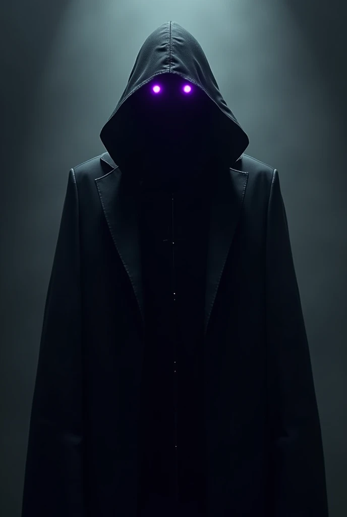A character wearing a black coat, and the face is hidden by the hood, you can only see the eyes glowing purple. You can't see anything else of the face.