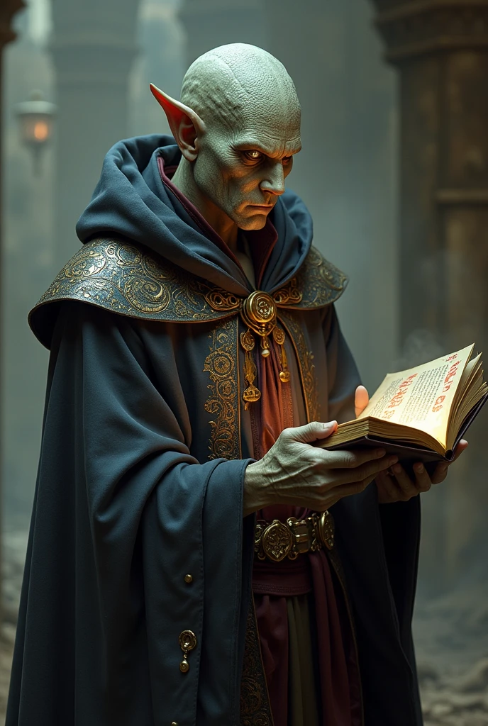 Pure-blood Yuan-ti mage who looks very similar to ordinary humans, he carries a grimoire of spells and wears a robe, he has slitted snake eyes, very few snake scales on the neck and hands.