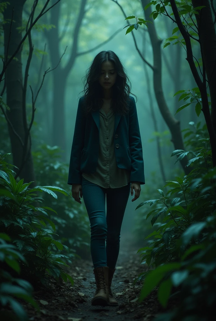 Ximena desperately searching for the path in the forest, showing his confusion and anguish.