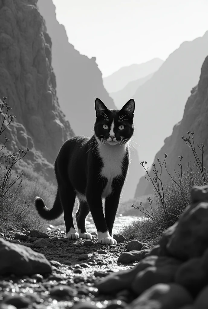 A black and white cat walking through a landscape similar to the upper Rio Negro valley in Argentina