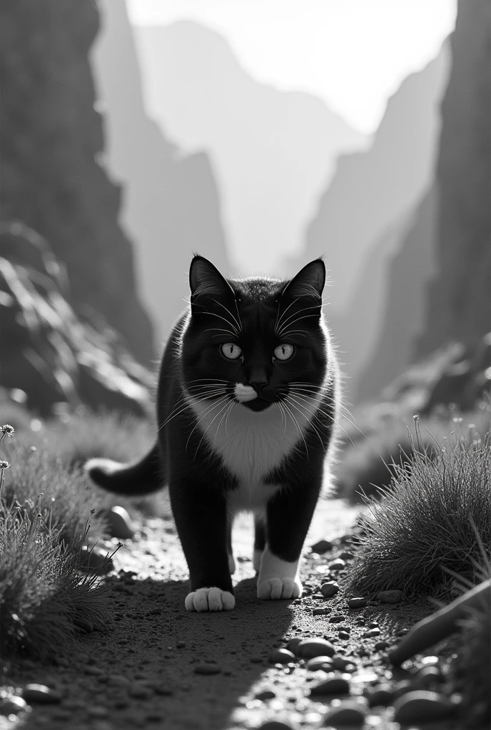 A black and white cat walking through a landscape similar to the upper Rio Negro valley in Argentina