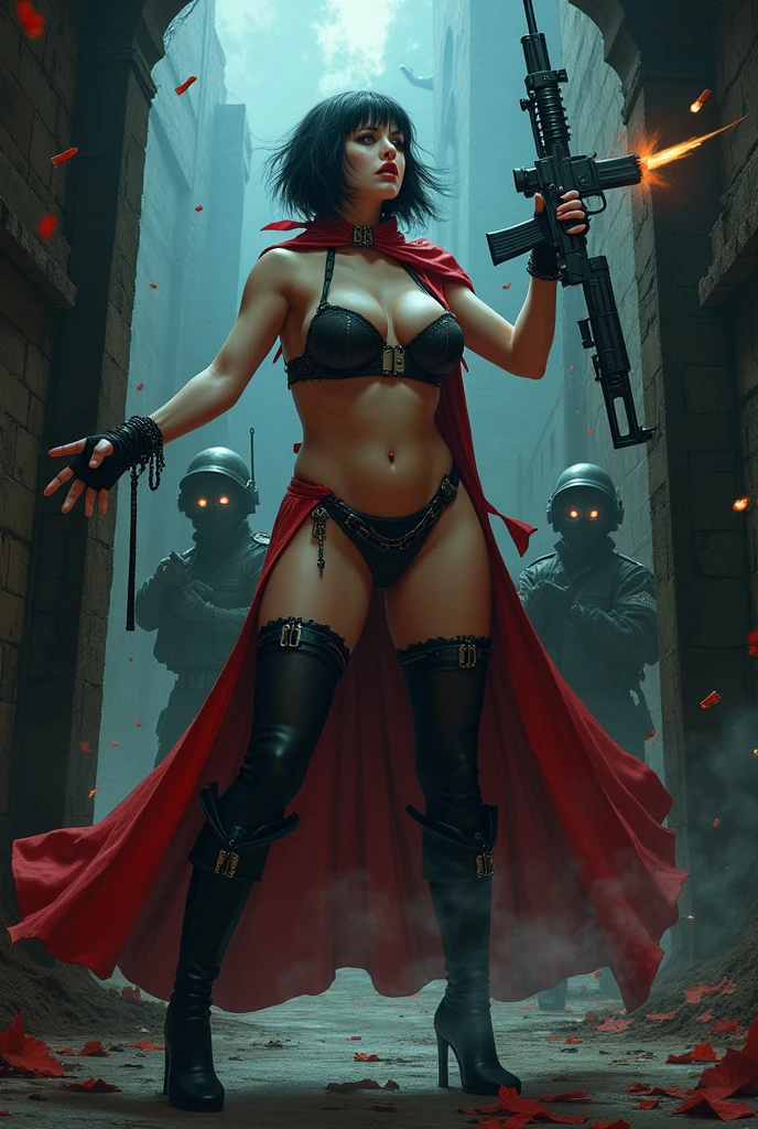 Beautiful and sexy undead vampire gothic girl with short dark hair and blue eyes, Big big butts, super muscular ,  Super strong and huge short red cape lingerie , Waders, BBW stockings hits and smashes an iron gate with her fists with force, hitting it until it is deformed. She is in a Russian underground military complex and the guards shoot many bullets at her with their machine guns.. She grabs two guards by the neck with her hands, lifting them into the air.