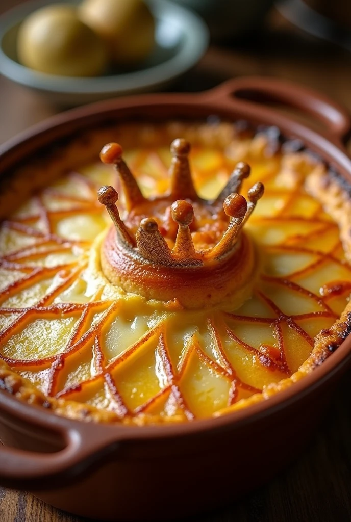 Un gratin avec une couronne au dessus

