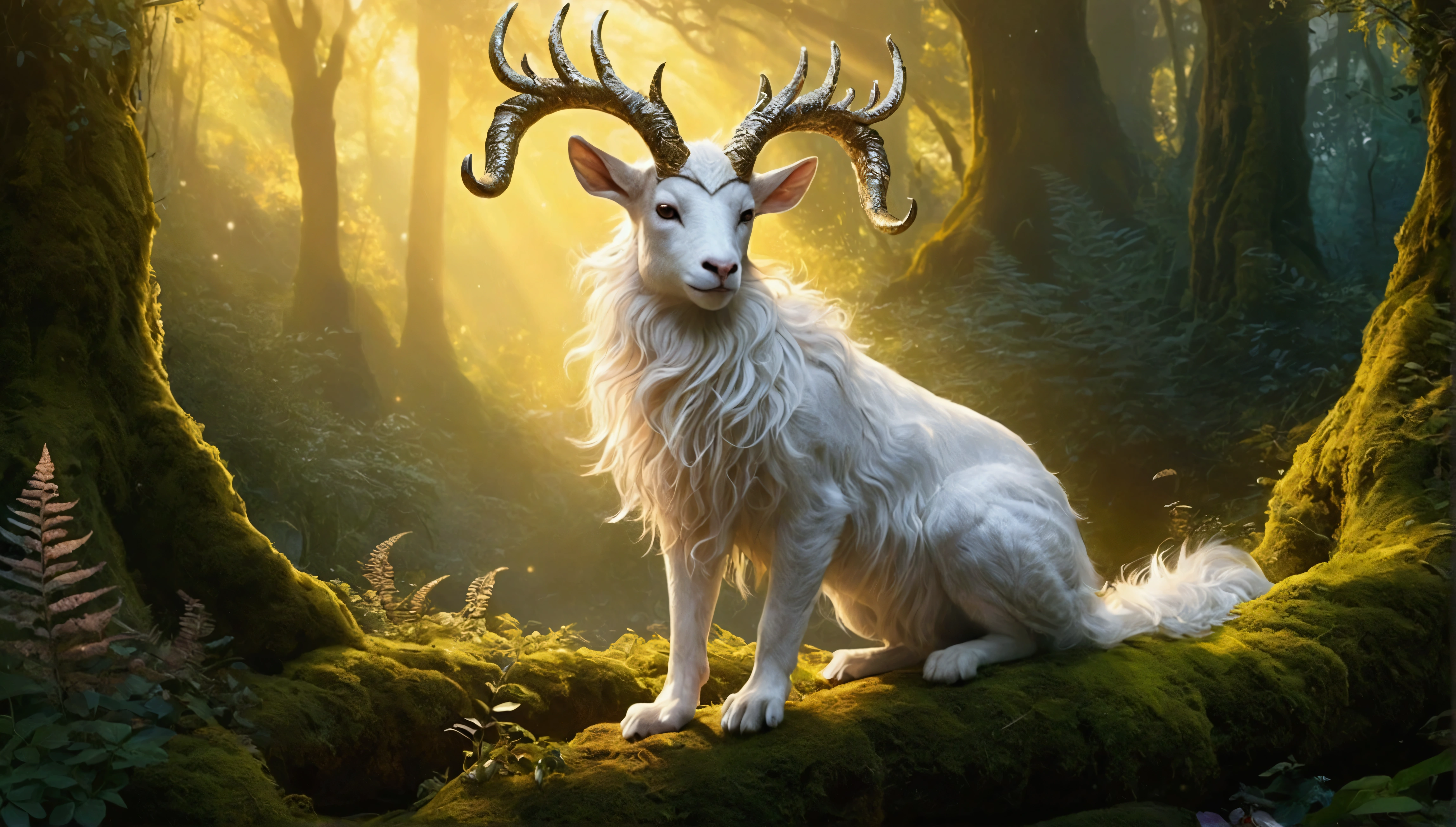 A beautiful animal, enchantingly elusive humanoid faun, white fur, every aspect exudes magic in the midst of danger: shimmering rainbow fur, ethereal golden horn, and eyes that seem to hold the secrets of the universe. The mystical creature is surrounded by a lush, enchanted forest, bathed in the soft light of the setting sun, creating a dreamlike atmosphere that transports viewers to a realm of fantasy and wonder. This breathtaking image is a digital painting that captures the essence of the mythical creature with stunning detail and masterful technique, making it a truly mesmerizing work of art, 32K UHD, Style Raw