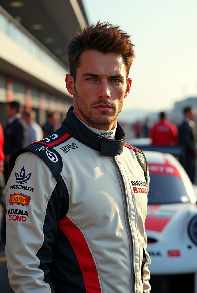 (Photorealism:1.2), Porsche Cup male driver with brown hair and eyes in front of the pitlane 8k ultra realistic 