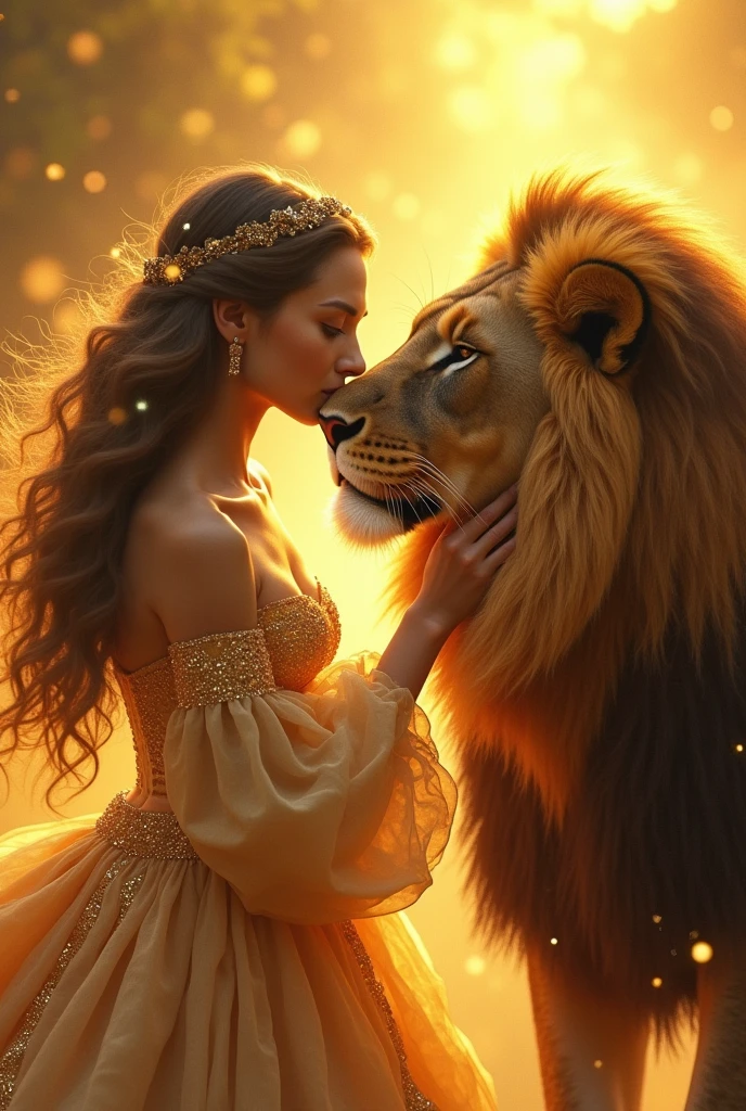 A womman kissing the forhead of a lionn with a golemden sunny and soarkly background and womend shoud wear a golden fancy fluffy huge full sleeve net dress with full of glittesr and the photo must be magical an the women's hand should be on the lion's cheek and the fire flies should fly around