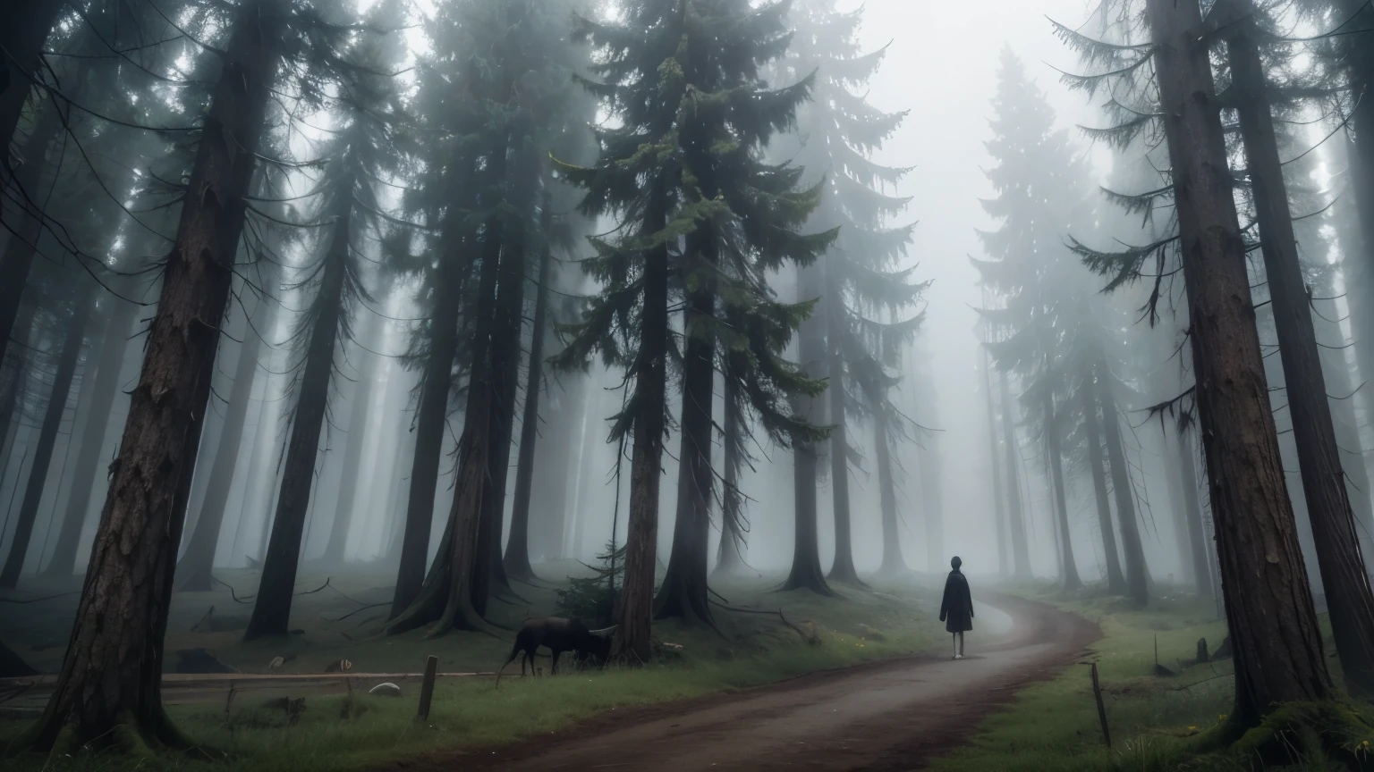 "Create an evocative and mystical image of a misty forest, where a lonely character walks among the trees. This character, known as the &#39;Nihilistic Sage,&#39; must have an enigmatic and melancholic appearance, with a face marked by deep lines that reflect an ancestral sadness. Their eyes, empty and deep, must convey a quiet hopelessness, contrasting with the exuberance of the surrounding nature. The environment around him must be gloomy, with trees immersed in mist and the damp ground marking the character&#39;s every step as a constant reminder of the futility of existence. The Nihilistic Sage&#39;s expression should capture the essence of his nihilistic vision., transmitindo a ideia de que, In the vastness of the universe, we are nothing more than fleeting specters. The colors and environment should be soft and somber., creating an introspective and contemplative atmosphere."