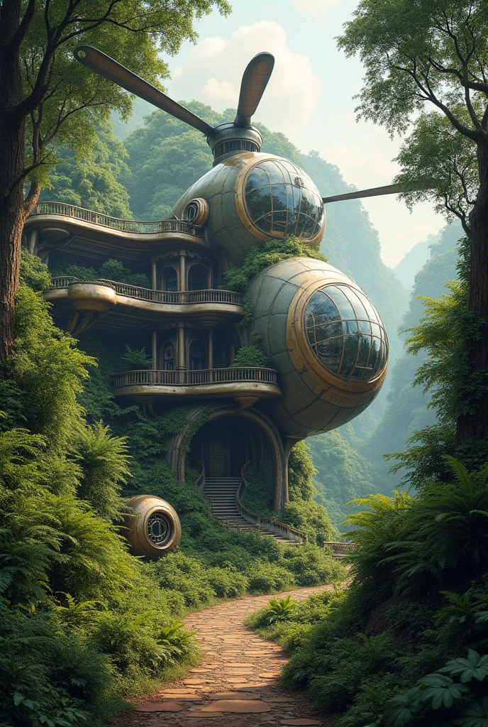 3-story mansion made from a helicopter in the forest