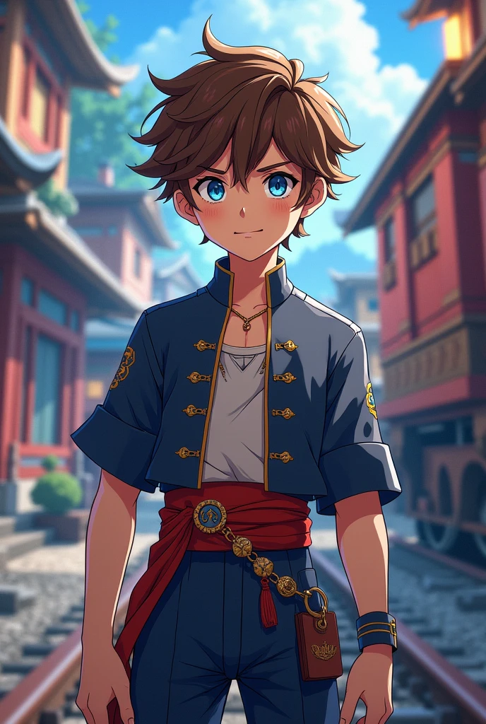 ange jeune adolescent garçon musclé cheveux brun au grande boucle et gros yeux bleu en tenue traditionnelle de conducteur de train magique style animés japonais
