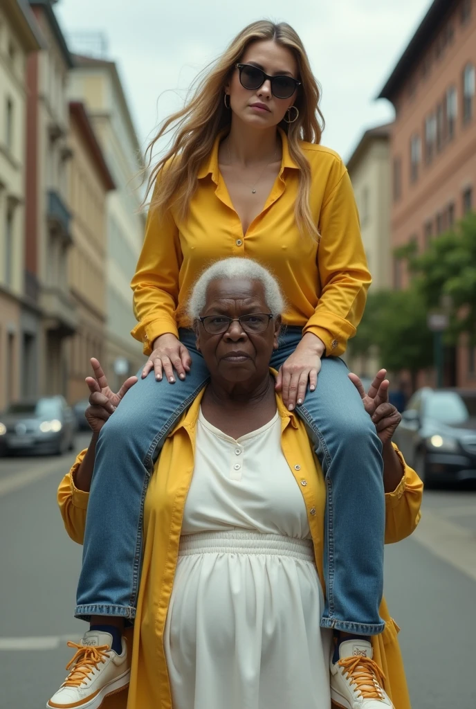 Create a photo of a 30 year old young woman, with a slender and beautiful body, with hoop earrings, wearing jeans and a long yellow tight blouse, with white and clear skin, with long light hair and wearing sunglasses and being carried on the shoulders of a 90 year old elderly lady, obese, dark black skinned and wearing a white dress