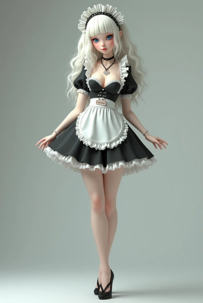 small (155cm tall) 1 albino girl with light blue eyes and white skin, long curly hair, small ass and waist, C cup, slim and a bit underweight body, hairless body and pussy, wear a short french maid dress with a heartformed opening for my boobs and no sleevs, high black heels, shy and nervous look, wearing coallar with nametag and chain in it.