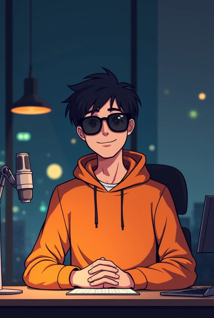 ANIME FRIENDLY LOOKING MALE BUSINESS CHARACTER, A ORANGE HOODIE AND SUNGLASSES. HE IS SITTING BEHIND HIS LAPTOP IN HIS OFFICE, ARMS ON HIS DESK. IT IS NIGHT. THE ROOM HAS VOLUMETRIC
LIGHTING. HE IS FRONT FACING TO THE CAMERA, LOOKING STRAICHT AND CENTERED, CENTRAL PORTRAIT, SITTING STRAIGHT, FRONT VIEW, CENTERED LOOKING STRAIGHT. THE OVERALL AMBIANCE OF THE IMAGE SHOULD CONVEY A CONNECTION TO MINIMALISM, FLAT ILLUSTRATION, BOLD LINE, MINIMALISM, SIMPLIFIED, GOUACHE ILLUSTRATION. 8K RESOLUTION con el fondo llamativo del cuarto y un crofono al costado