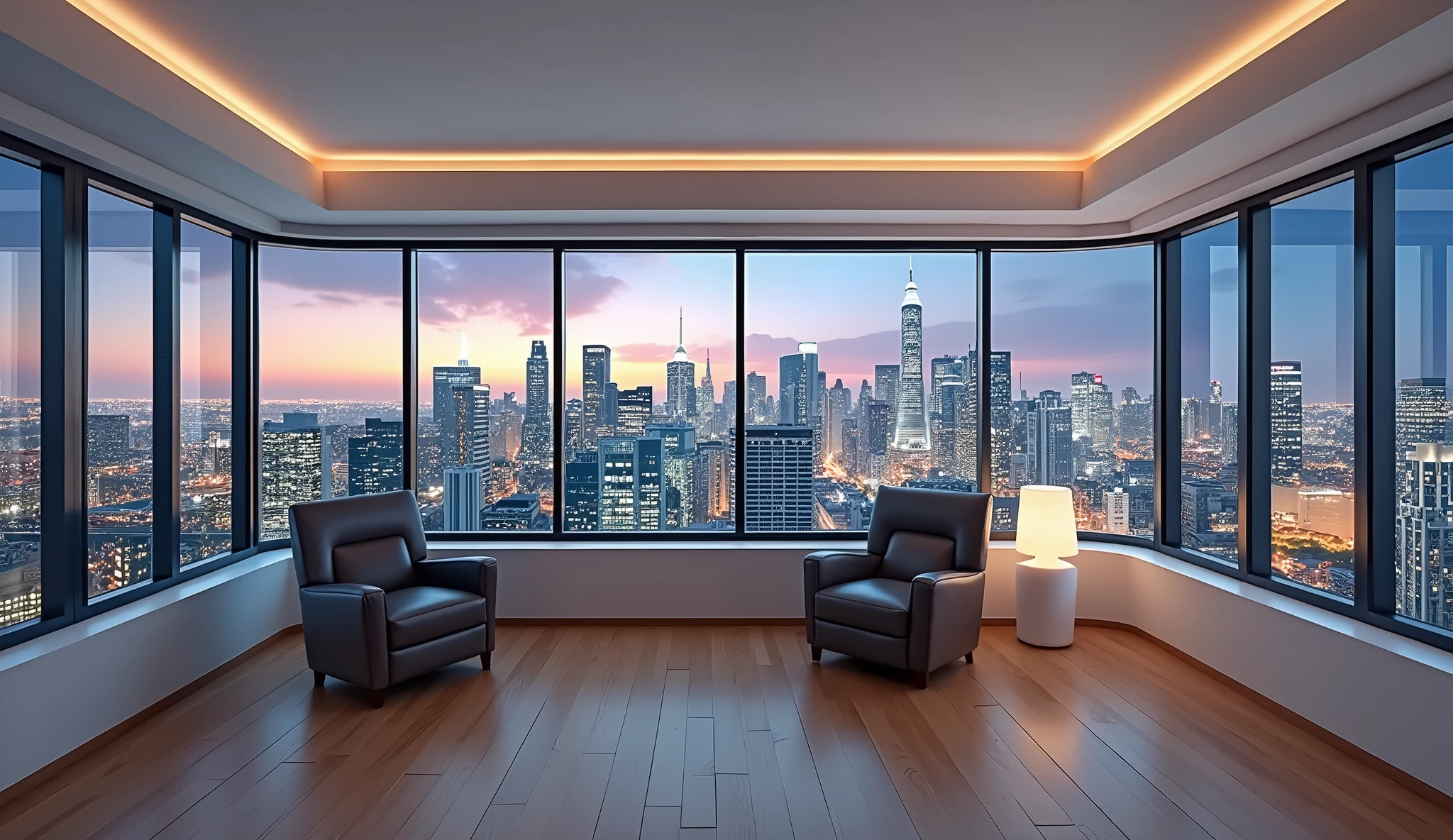 arafed view of a city from a window with a chair and a lamp, skyline showing from the windows, cityscape in the window, window and city background, super wide view of a cityscape, overlooking a modern city, neon cityscape background, big open floor 8 k, neon lights in background, many large windows, 4 k cinematic panoramic view, with glowing windows