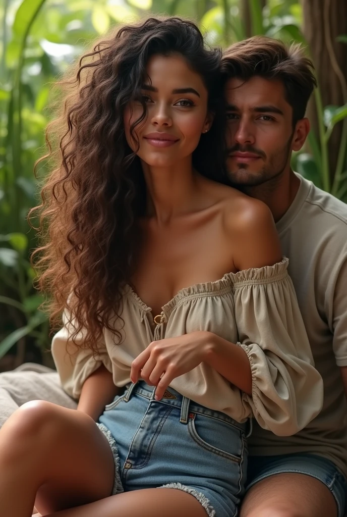 (photorealism:1.2), beautiful woman, sitting on game table with her Boy Friend, wearing loose off-shoulder top, short jeans long curly hair, outdoor, soft lighting, plants in background, relaxed pose, realistic, intricate details, warm colors