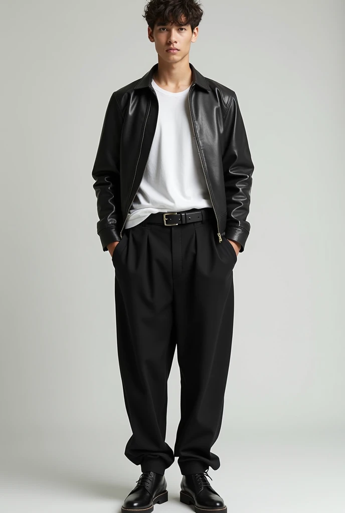 *he was wearing white a bit lose Tshirt, a bit lose black pants with belt and a leather jacket and shoes*