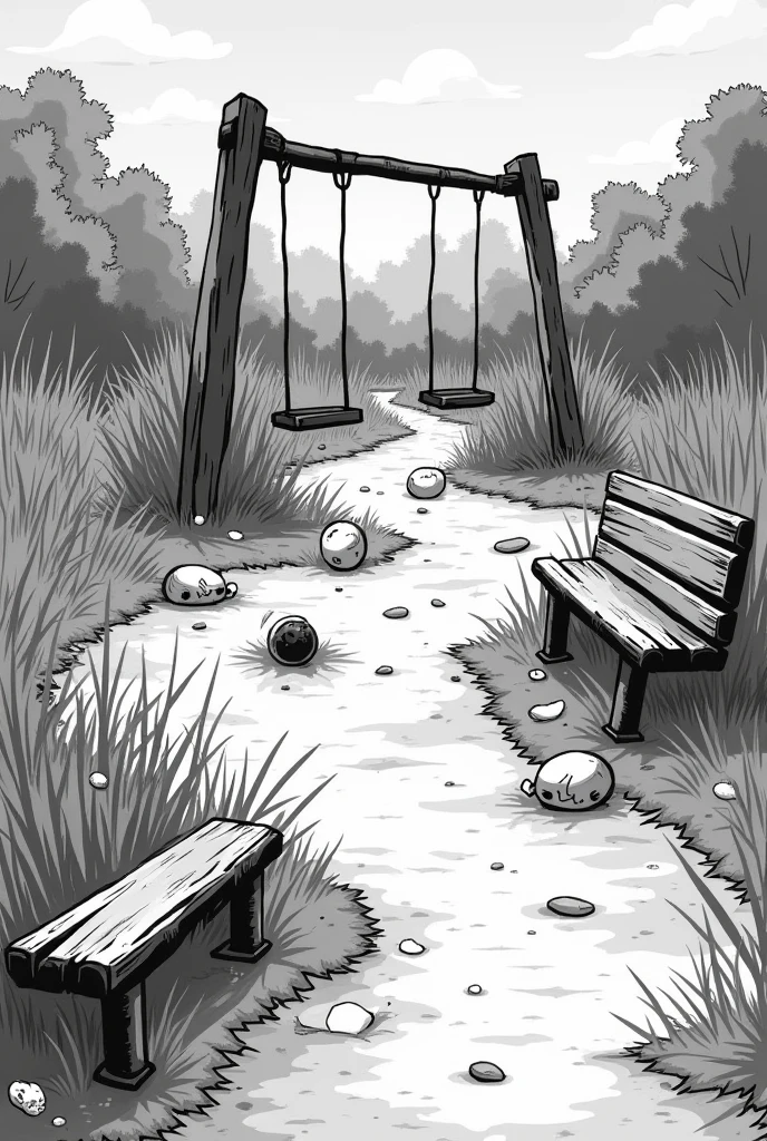an abandoned park in black and white 2D cartoon style as if it were a sketch and with abandoned toys but also not so scary