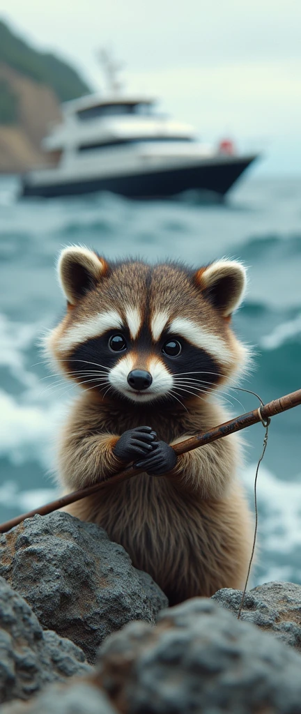 A captivating photograph of a cute extra fluffy baby realistic raccoon. fishing、Big head、Rough Seas、Yacht、The catch is Megatron