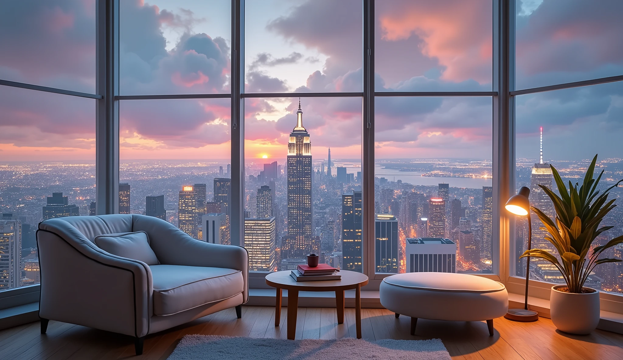 arafed view of a city from a window with a chair and a lamp, skyline showing from the windows, cityscape in the window, window and city background, super wide view of a cityscape, overlooking a modern city, neon cityscape background, big open floor 8 k, neon lights in background, many large windows, 4 k cinematic panoramic view, with glowing windows
