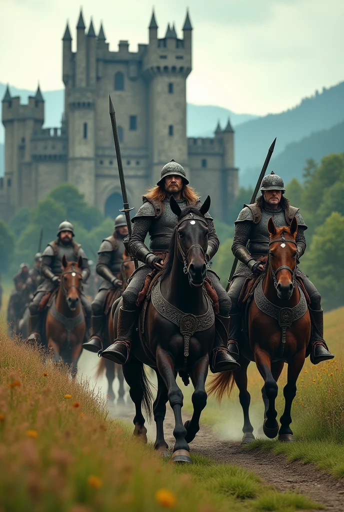 (photorealism:1.2), medieval crew of men riding horses with swords going near a castle