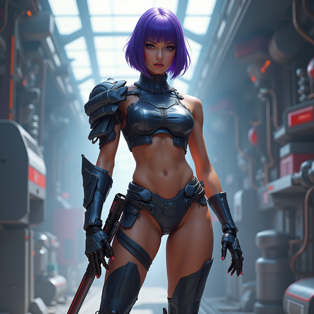 Future Female Warrior、Partial metal armor、purple bob hair、Trained muscles、Thigh、Abdominal muscles、Sharp Eyes、Saber in hand