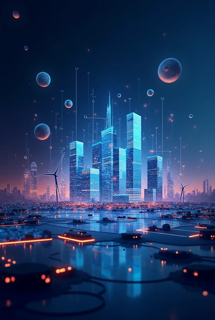 Create a realistic 4K image with high resolution as if it were a photo that conveys a professional and trustworthy environment, with a color palette predominantly dark blue and purple. The scene should represent a page of investments and innovation in technology, highlighting sectors such as real estate, energy and agriculture. Include elements such as financial charts, technology icons, and visual representations of the mentioned sectors (as buildings for real estate, turbines and solar panels for energy, and agricultural fields for agro). The image must have a sophisticated and modern design, emphasizing trust and professionalism.