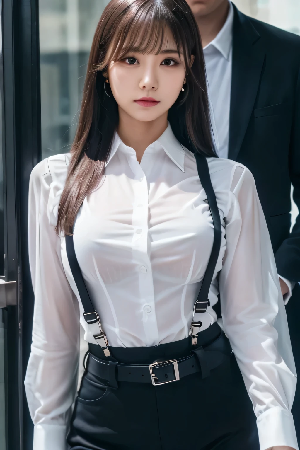 a woman in a suit, belt, hands behind back, sweating, suspenders, black pants, sexly, large breasts, see-through clothing, rain, detective, office worker, white button-up shirt, (best quality,4K,8k,highres,masterpiece:1.2),ultra-detailed,(realistic,photorealistic,photo-realistic:1.37),hyper-detailed,highly detailed face and body, Slender thin suspenders Moderate breasts See-through shirt Nipples holster chain Pistol Armament criminal Female criminal knife
