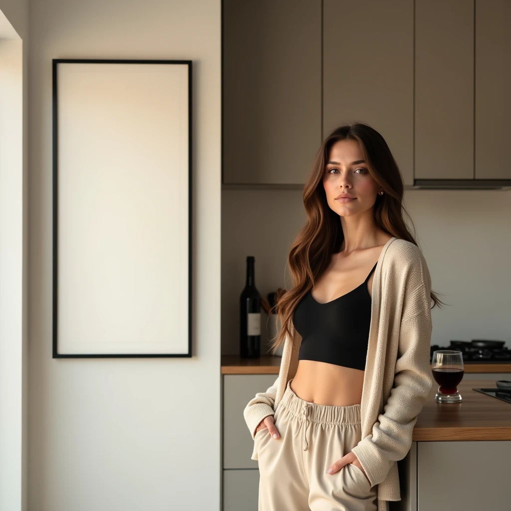 A photo of a beautiful young woman with long hair, dressed in a black crop top and a light beige open cardigan, standing beside the countertop of a sleek, modern kitchen with her hands casually placed in her pockets. The kitchen has neutral-toned cabinetry and a minimalist aesthetic. A thin black frame with a DIN A aspect ratio hangs on the wall next to her, featuring a blank canvas that naturally reflects the ambient colors of the room. The frame is clearly in focus, unobstructed by any items, highlighting its clean and understated design. The bottle of wine and the glass are placed further down the counter, ensuring they do not block the frame. The lighting is soft, creating a warm, inviting atmosphere where every element is crisp and well-defined