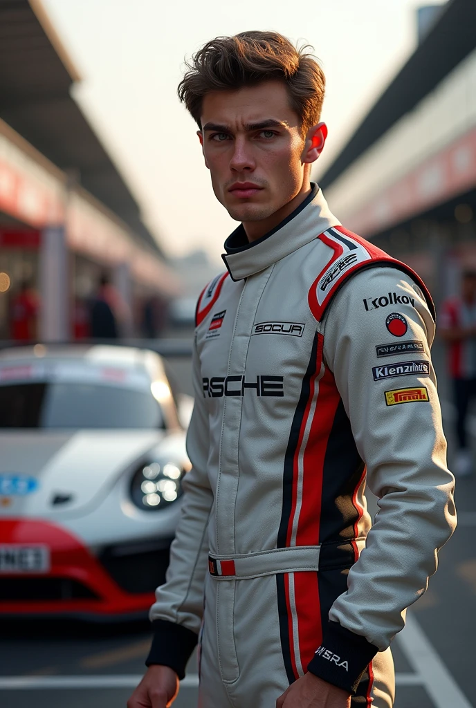 (Photorealism:1.2), Porsche Cup male driver with brown hair and eyes in front of the pitlane 8k ultra realistic