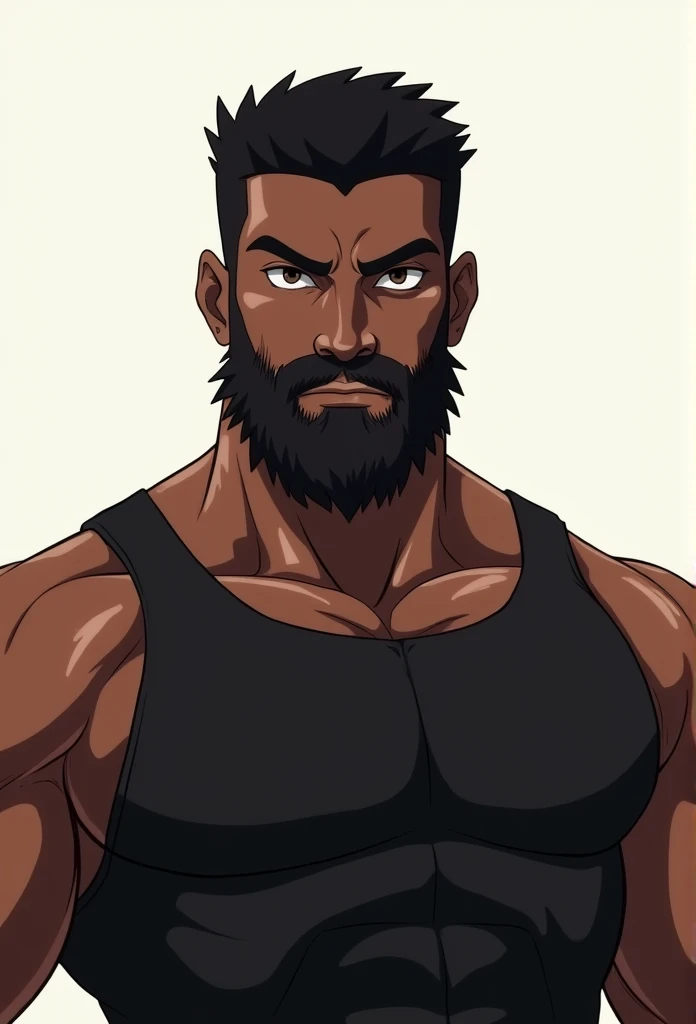 Black dark-skinned man in tank top, with beard, anime art, main anime look of Christian, finely detailed perfect face, very high quality art, directed gaze