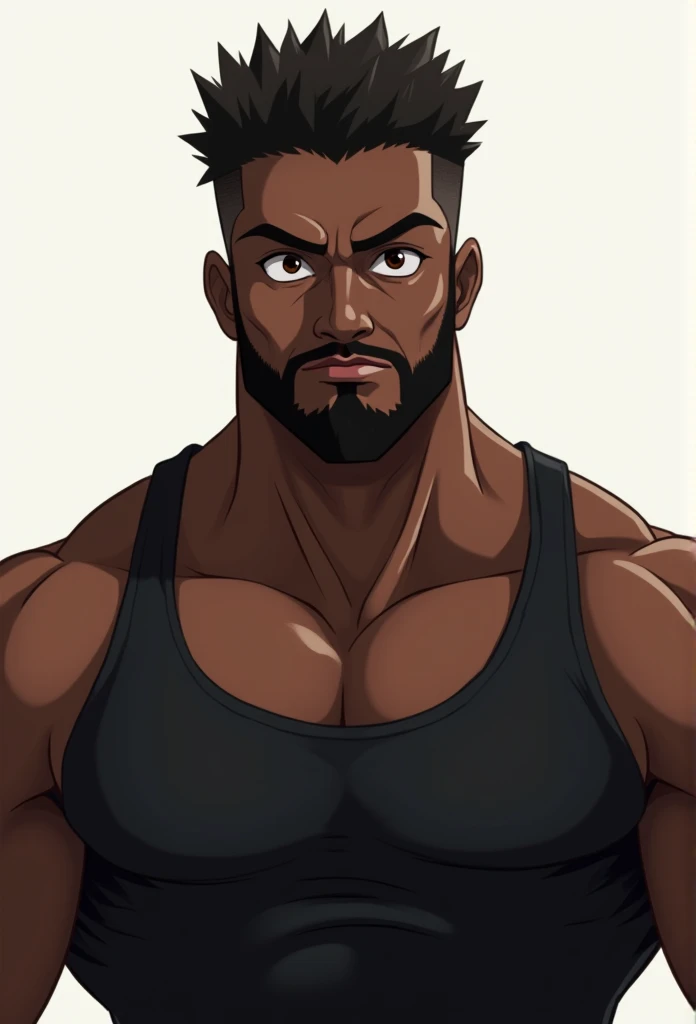 Black dark-skinned man in tank top, with beard, anime art, main anime look of Christian, finely detailed perfect face, very high quality art, directed gaze