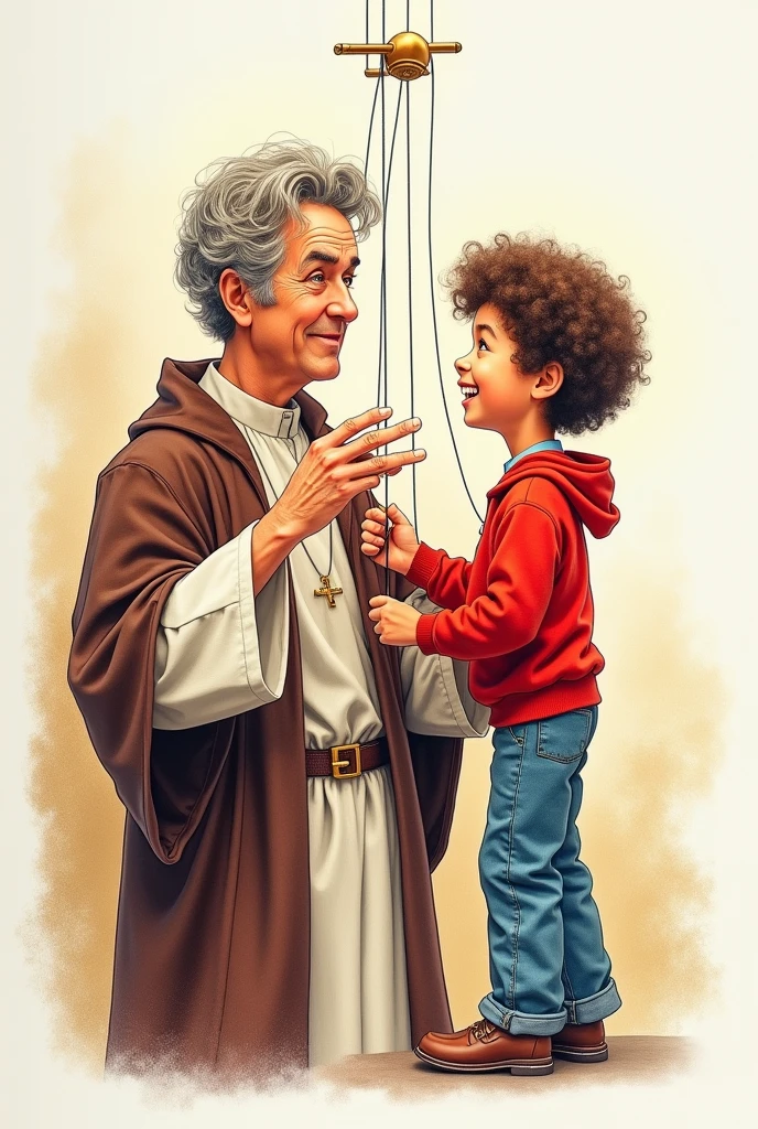Color drawing of a priest playing with a string puppet resembling a curly-haired boy wearing a red sweatshirt
