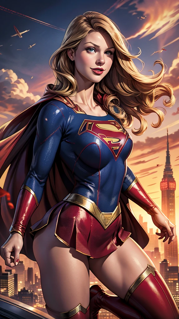 ((Highest quality)), ((masterpiece)), (Familiar),（Melissa Benoist）、（Supergirl）, Perfect Face、Accurate、24-years-old、Supergirl女性、blonde、Long Hair、smile、Accurate指の描写、Beautiful nails、Plump body、Big Breasts、Narrow waist、Big Ass、Red Cape、Red knee-high boots、glamorous、glamorous、(東京タワーの上空を飛ぶSupergirl)、(Accurate東京タワー)、(aerial photograph)